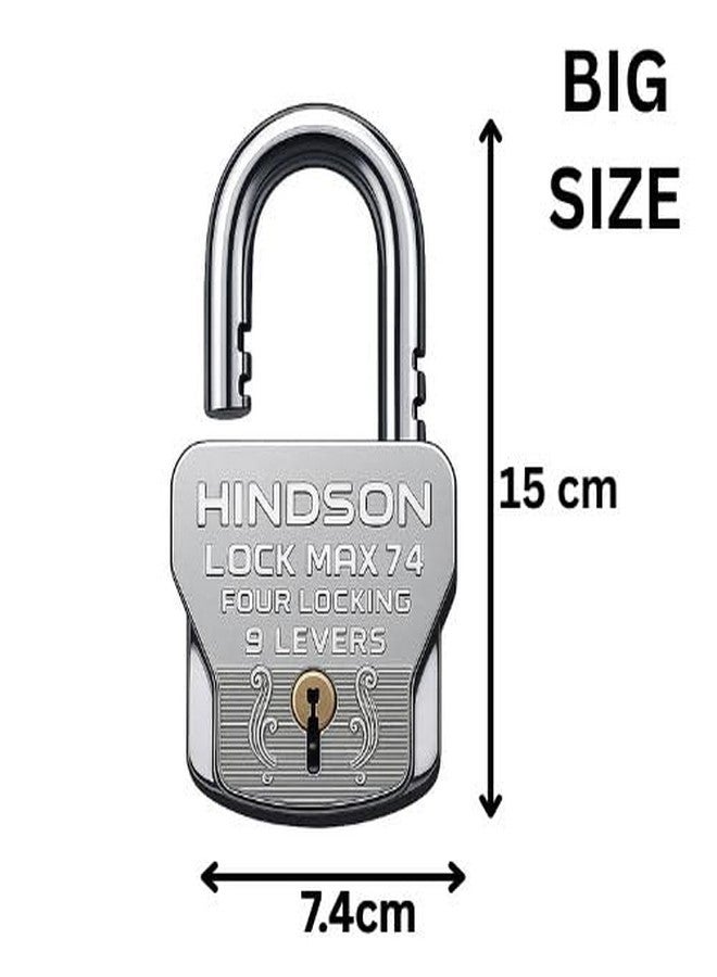 Hindson 4 Locking Heavy Duty Padlock | Lock MAX 74 | 9 Lever Steel Lock & Key | Chrome Finish Big Size 610g Approx Padlock with 4 Keys for Home, Gate & Shutter Security - Image 4